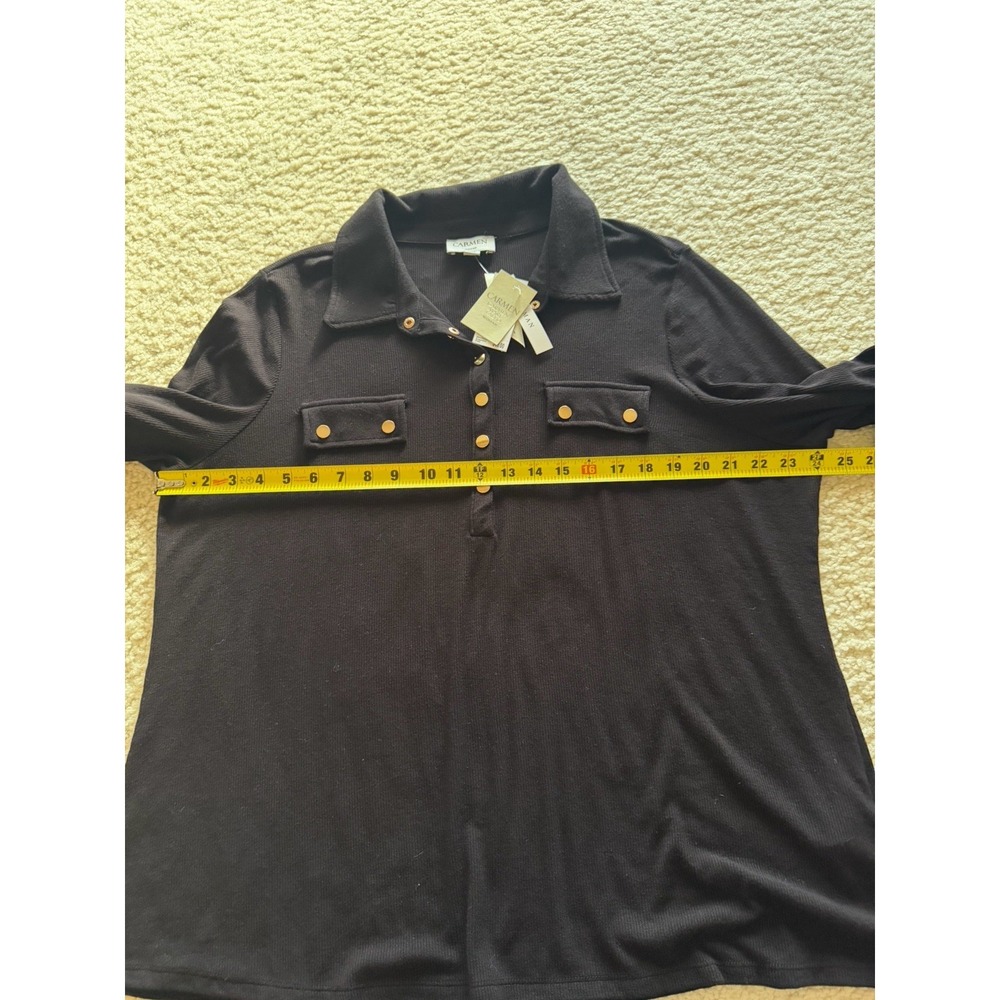 Carmen Marc Valvo Women's Knit‎ Button Blouse Black Collared Plus Size 2X - Picture 9 of 15